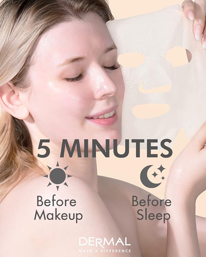 DERMAL Korean Collagen Face Mask – Hydrating & Soothing Sheet Mask with Panthenol – Hypoallergenic Calming Moisture Care for All Skin Types